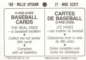 1986 O-Pee-Chee Stickers #27 / 188 Mike Scott / Willie Upshaw Back