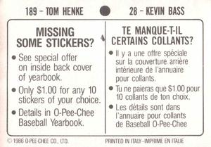 1986 O-Pee-Chee Stickers #28 / 189 Kevin Bass / Tom Henke Back