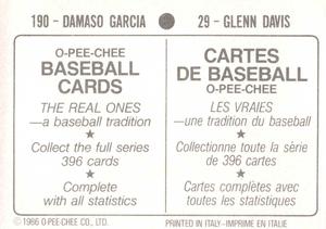1986 O-Pee-Chee Stickers #29 / 190 Glenn Davis / Damaso Garcia Back