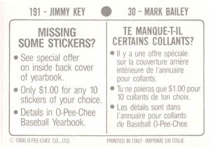 1986 O-Pee-Chee Stickers #30 / 191 Mark Bailey / Jimmy Key Back