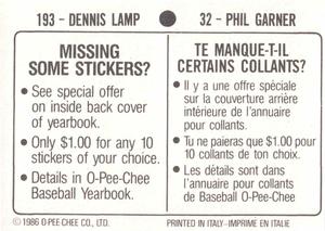 1986 O-Pee-Chee Stickers #32 / 193 Phil Garner / Dennis Lamp Back
