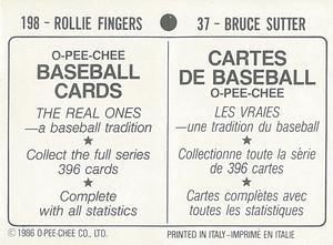 1986 O-Pee-Chee Stickers #37 / 198 Bruce Sutter / Rollie Fingers Back