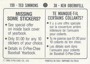 1986 O-Pee-Chee Stickers #38 / 199 Ken Oberkfell / Ted Simmons Back