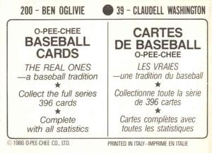 1986 O-Pee-Chee Stickers #39 / 200 Claudell Washington / Ben Oglivie Back