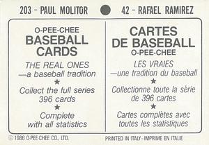 1986 O-Pee-Chee Stickers #42 / 203 Rafael Ramirez / Paul Molitor Back