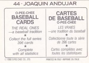 1986 O-Pee-Chee Stickers #44 Joaquin Andujar Back