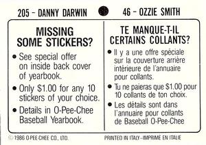 1986 O-Pee-Chee Stickers #46 / 205 Ozzie Smith / Danny Darwin Back