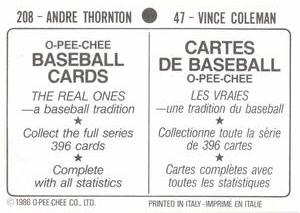 1986 O-Pee-Chee Stickers #47 / 208 Vince Coleman / Andre Thornton Back