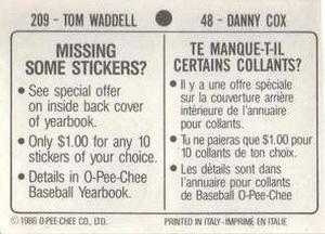 1986 O-Pee-Chee Stickers #48 / 209 Danny Cox / Tom Waddell Back