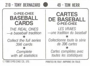 1986 O-Pee-Chee Stickers #49 / 210 Tom Herr / Tony Bernazard Back