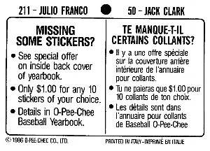 1986 O-Pee-Chee Stickers #50 / 211 Jack Clark / Julio Franco Back
