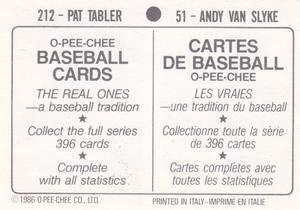 1986 O-Pee-Chee Stickers #51 / 212 Andy Van Slyke / Pat Tabler Back