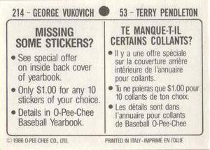 1986 O-Pee-Chee Stickers #53 / 214 Terry Pendleton / George Vukovich Back