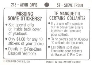 1986 O-Pee-Chee Stickers #57 / 218 Steve Trout / Alvin Davis Back