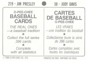 1986 O-Pee-Chee Stickers #58 / 219 Jody Davis / Jim Presley Back