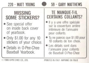 1986 O-Pee-Chee Stickers #59 / 220 Gary Matthews / Matt Young Back
