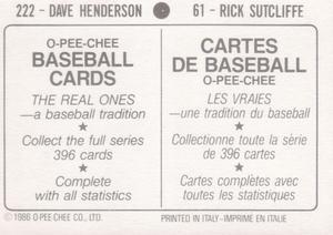 1986 O-Pee-Chee Stickers #61 / 222 Rick Sutcliffe / Dave Henderson Back
