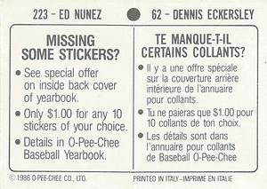 1986 O-Pee-Chee Stickers #62 / 223 Dennis Eckersley / Edwin Nunez Back
