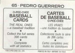 1986 O-Pee-Chee Stickers #65 Pedro Guerrero Back