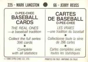 1986 O-Pee-Chee Stickers #66 / 225 Jerry Reuss / Mark Langston Back