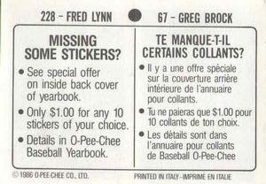 1986 O-Pee-Chee Stickers #67 / 228 Greg Brock / Fred Lynn Back