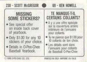 1986 O-Pee-Chee Stickers #69 / 230 Ken Howell / Scott McGregor Back