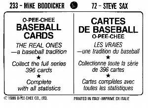 1986 O-Pee-Chee Stickers #72 / 233 Steve Sax / Mike Boddicker Back