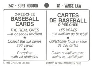1986 O-Pee-Chee Stickers #81 / 242 Vance Law / Burt Hooton Back