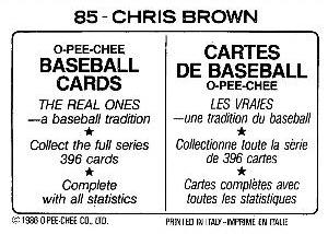 1986 O-Pee-Chee Stickers #85 Chris Brown Back