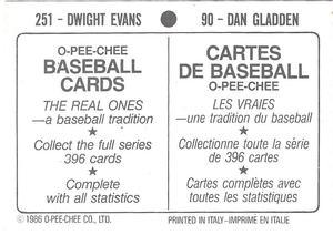 1986 O-Pee-Chee Stickers #90 / 251 Dan Gladden / Dwight Evans Back