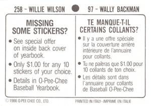 1986 O-Pee-Chee Stickers #97 / 258 Wally Backman / Willie Wilson Back