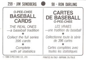 1986 O-Pee-Chee Stickers #98 / 259 Ron Darling / Jim Sundberg Back