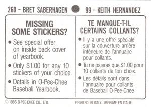 1986 O-Pee-Chee Stickers #99 / 260 Keith Hernandez / Bret Saberhagen Back