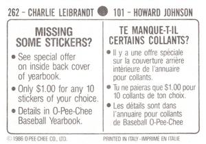 1986 O-Pee-Chee Stickers #101 / 262 Howard Johnson / Charlie Leibrandt Back