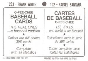 1986 O-Pee-Chee Stickers #102 / 263 Rafael Santana / Frank White Back