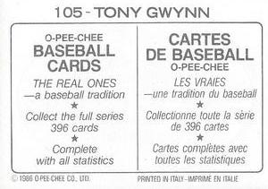 1986 O-Pee-Chee Stickers #105 Tony Gwynn Back