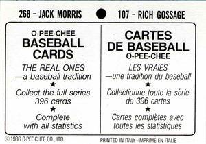 1986 O-Pee-Chee Stickers #107 / 268 Rich Gossage / Jack Morris Back