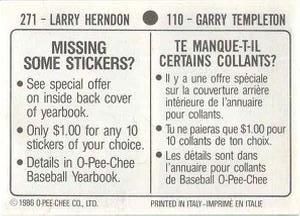 1986 O-Pee-Chee Stickers #110 / 271 Garry Templeton / Larry Herndon Back
