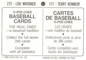 1986 O-Pee-Chee Stickers #111 / 272 Terry Kennedy / Lou Whitaker Back