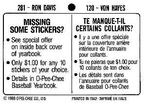1986 O-Pee-Chee Stickers #120 / 281 Von Hayes / Ron Davis Back