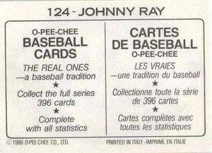1986 O-Pee-Chee Stickers #124 Johnny Ray Back