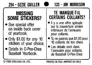 1986 O-Pee-Chee Stickers #133 / 294 Jim Morrison / Ozzie Guillen Back