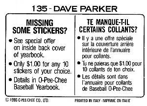 1986 O-Pee-Chee Stickers #135 Dave Parker Back