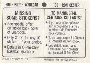 1986 O-Pee-Chee Stickers #138 / 299 Ron Oester / Butch Wynegar Back