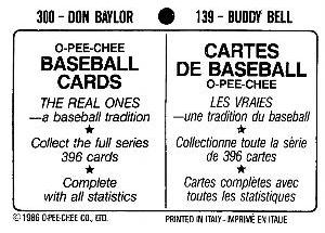 1986 O-Pee-Chee Stickers #139 / 300 Buddy Bell / Don Baylor Back