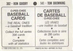 1986 O-Pee-Chee Stickers #141 / 302 Tom Browning / Ron Guidry Back