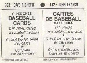 1986 O-Pee-Chee Stickers #142 / 303 John Franco / Dave Righetti Back