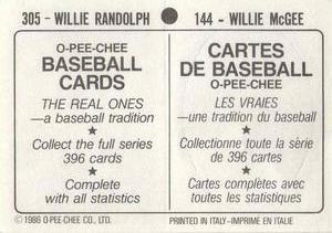 1986 O-Pee-Chee Stickers #144 / 305 Willie McGee / Willie Randolph Back