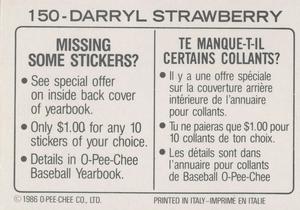 1986 O-Pee-Chee Stickers #150 Darryl Strawberry Back