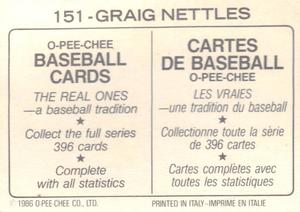 1986 O-Pee-Chee Stickers #151 Graig Nettles Back